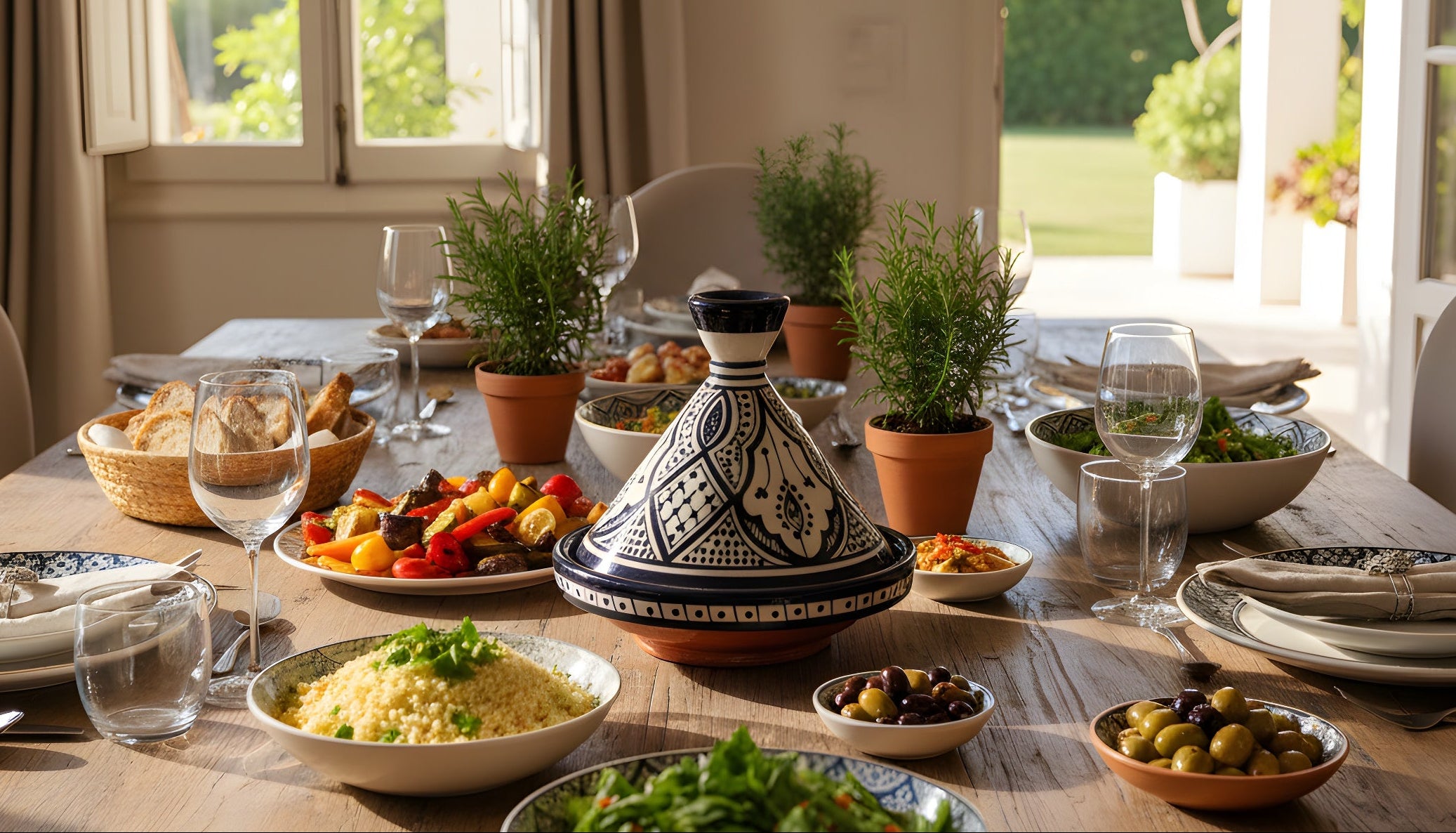 Dining table set with a variety of dishes and glasses in a bright room with large windows.