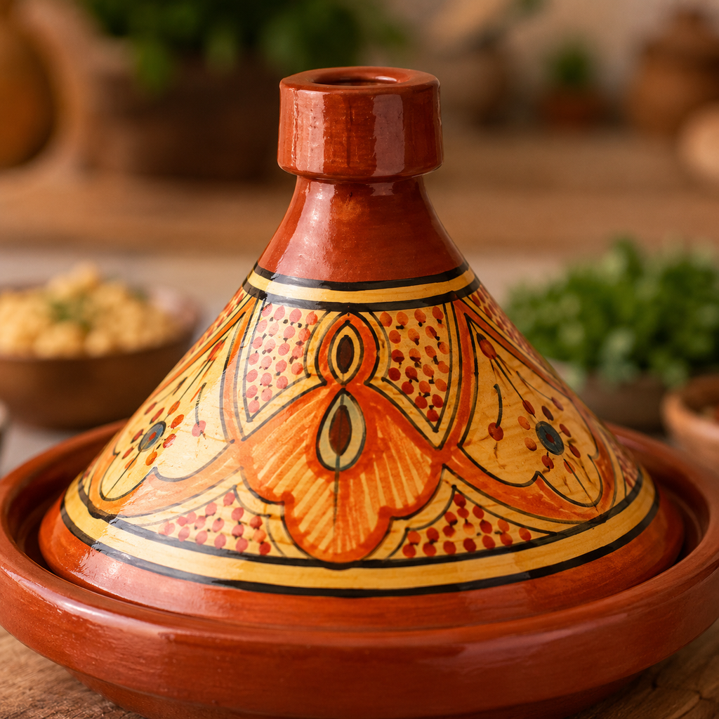 Close-up of hand-painted Moroccan tagine with traditional orange floral pattern