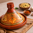 Moroccan cooking tagine served with couscous, handmade and hand-painted in Morocco