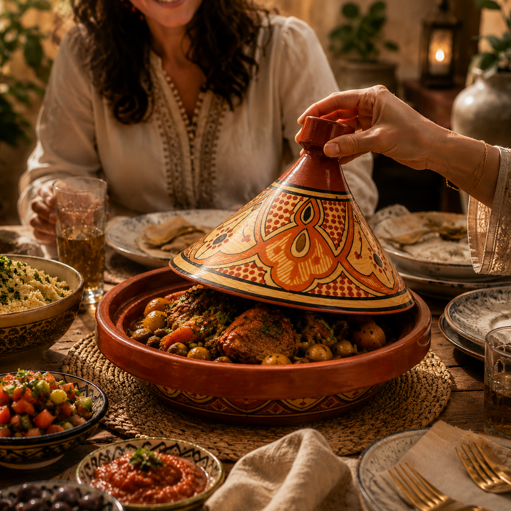 Hand-painted Moroccan tagine at a dinner table with traditional Moroccan dishes