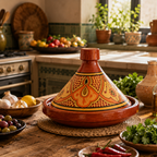 Handmade Moroccan cooking tagine in a warm Mediterranean-style kitchen
