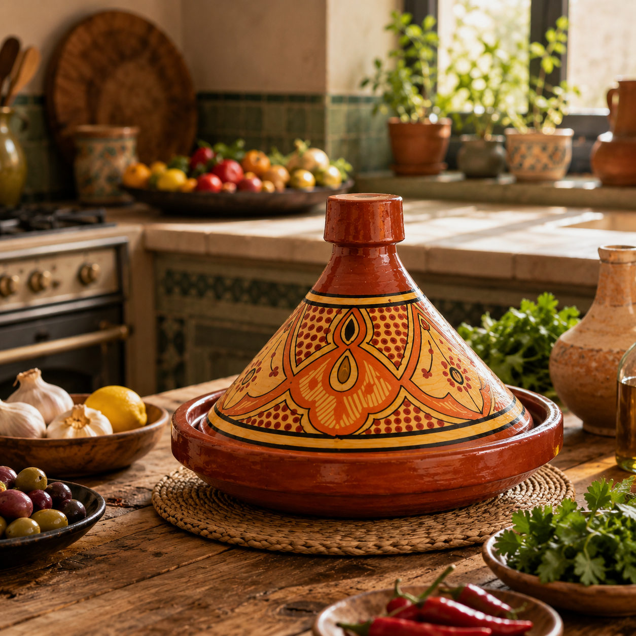 Handmade Moroccan cooking tagine in a warm Mediterranean-style kitchen