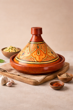 Hand-painted Moroccan cooking tagine with orange floral design, handmade in Morocco